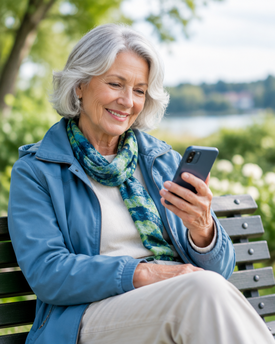 Vrouw die rustig haar telefoon bekijkt op een bankje buiten